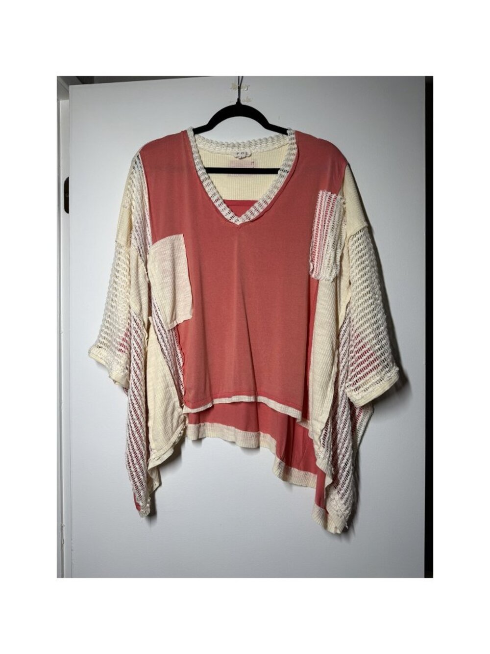 POL Coral / Peach and Cream Patchwork Crochet Lace Oversized Boho Top